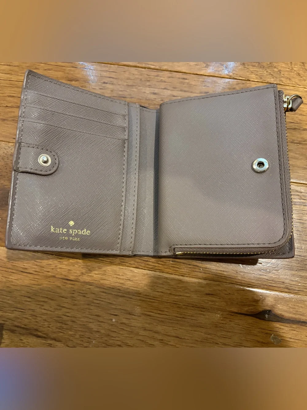kate spade Compact Taupe Zip Wallet with Logo Plaque